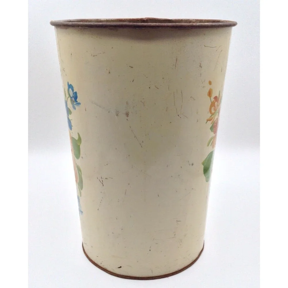 Vtg Harvell Metal Trash Can Wastebasket Floral Hand Painted Tole Cottage 11